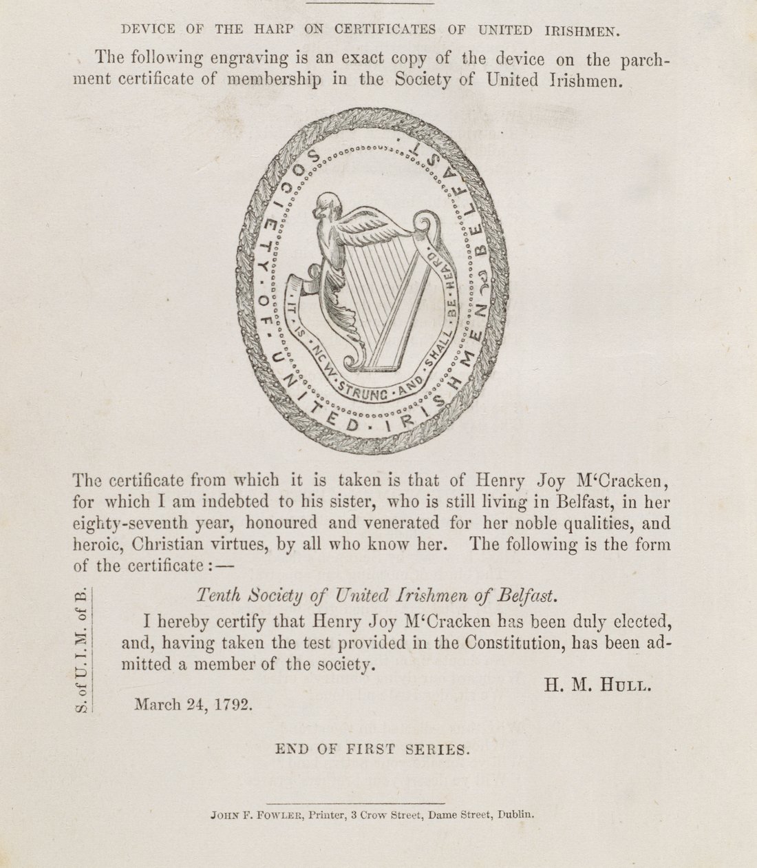 Il sigillo della Society of United Irishmen di Belfast, 1792 circa (incisione) da Irish School
