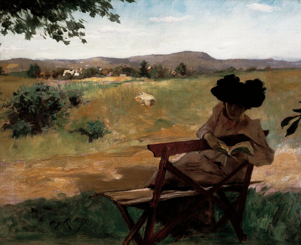 Donna seduta su una panchina che legge da Irving Ramsay Wiles