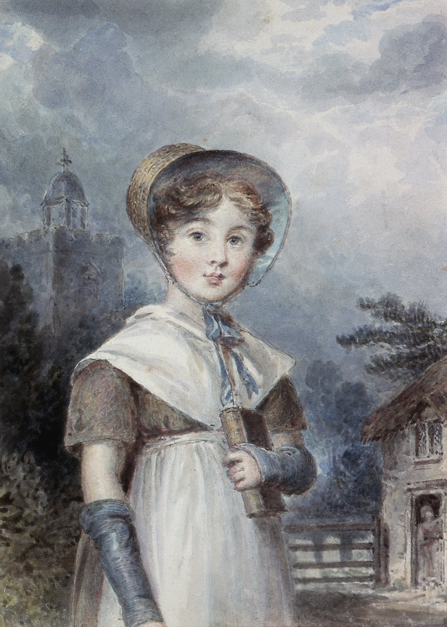 Bambina in costume quacchero, con una Bibbia da Isaac Pocock