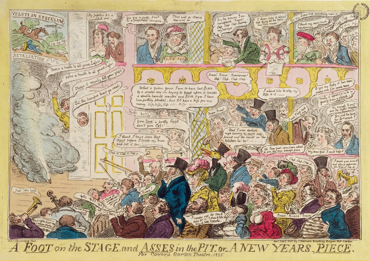 Un piede sul palco e asini nella fossa, o un pezzo di Capodanno per il Covent Garden Theatre, 1825, pub. da J. Fairburn, 9 gennaio 1825 da Isaac Robert Cruikshank