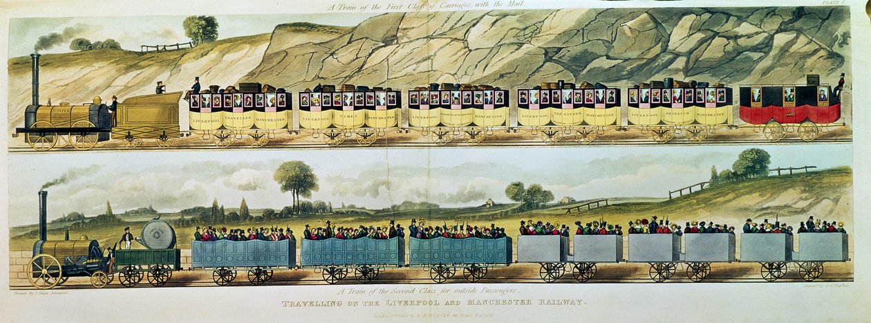 Viaggio in treno sulla Liverpool e Manchester Railway: Un treno di prima classe con la posta e un treno di seconda classe per passeggeri esterni, inciso da S.G. Hughes, pub. da R. A da Isaac Shaw