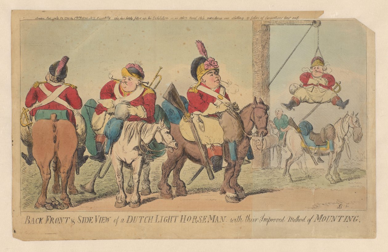 Metodo migliorato della cavalleria leggera olandese per montare a cavallo (Vista posteriore, frontale e laterale di un cavaliere leggero olandese, con il loro metodo migliorato di montare) da Isaac Cruikshank (signed by artist)
