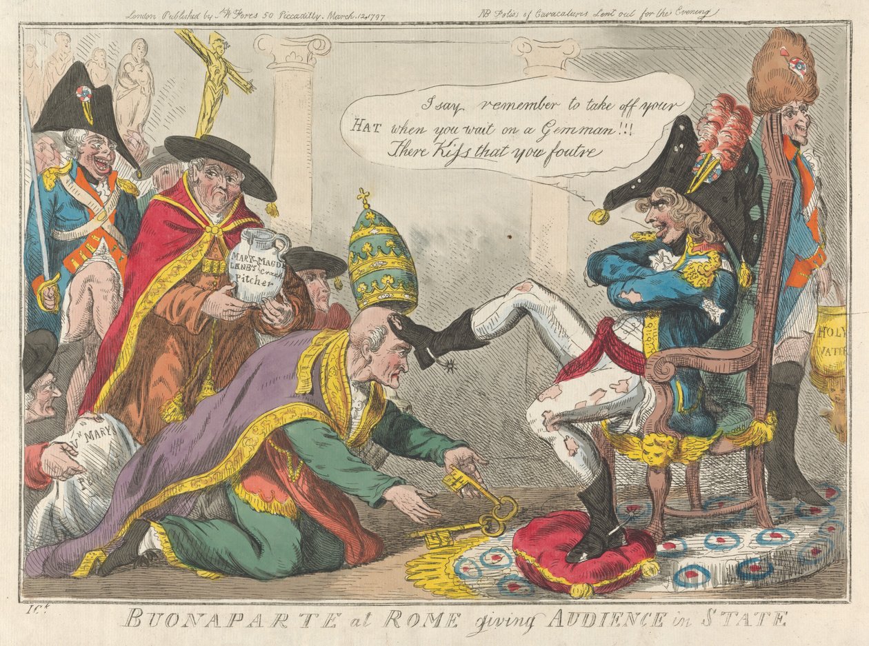 Buonaparte in Rom gibt Audienz im Staatsgewand da Isaac Cruikshank