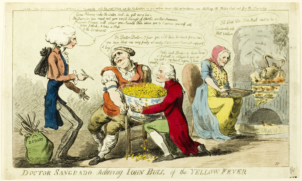 Il Dr. Sangrado cura John Bull dalla febbre gialla da Isaac Cruikshank