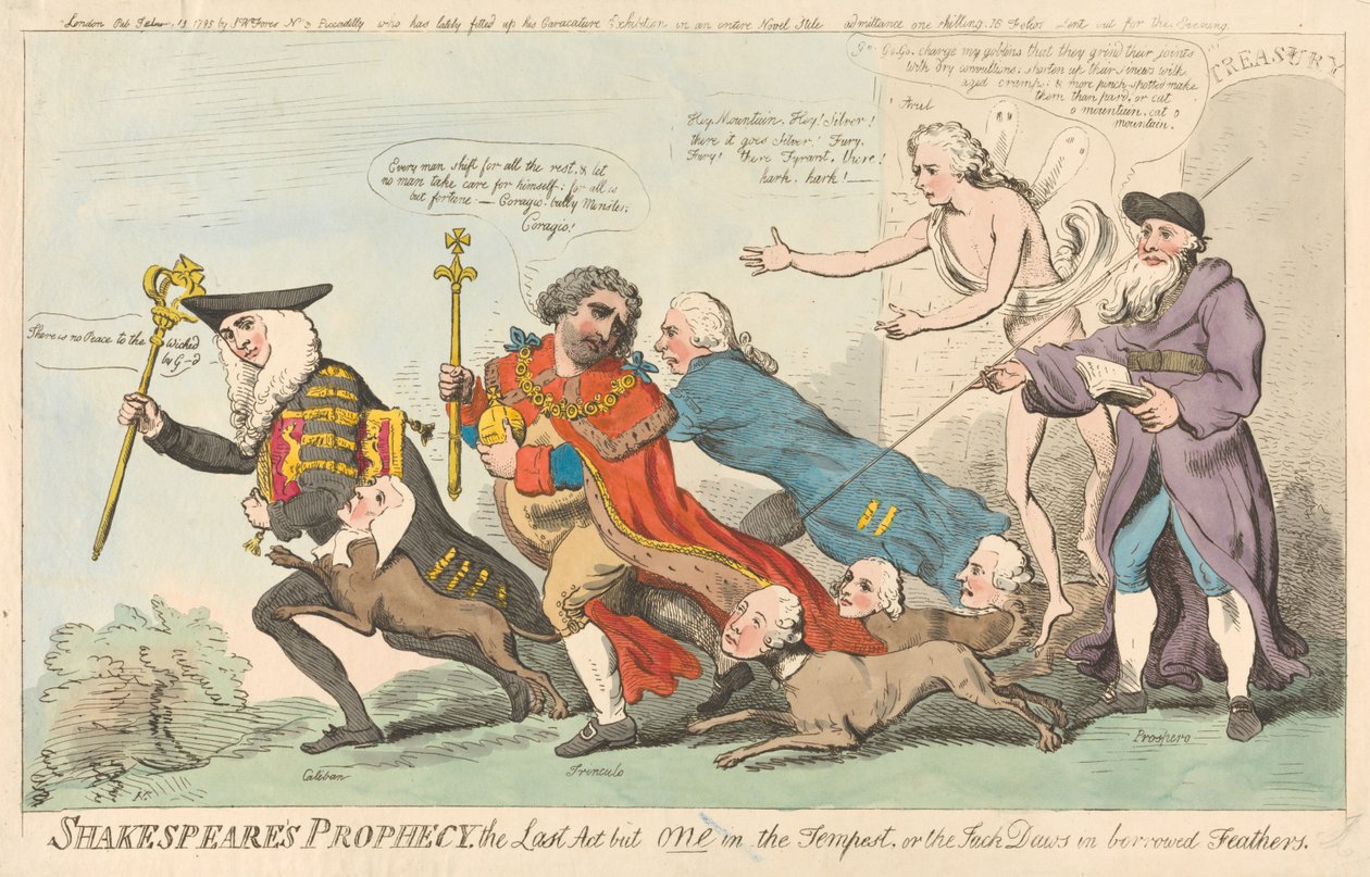 Shakespeares Prophezeiung, der letzte Akt von einem in Der Sturm, oder die Dohle in geliehenen Federn (aus: Karikatur, Bd. 3) da Isaac Cruikshank