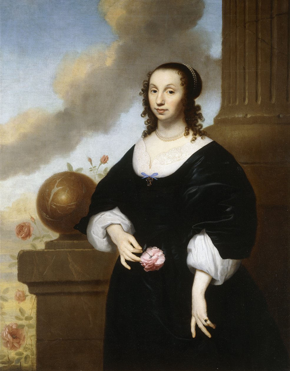 Ritratto di una signora, in piedi a tre quarti di lunghezza, che indossa un abito di raso nero con rifiniture in pizzo bianco da Isaac Luttichuys