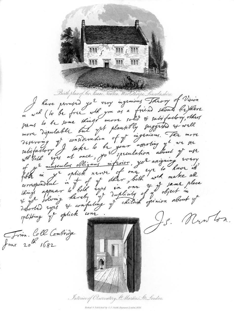 Una lettera di Isaac Newton e una vista del suo luogo di nascita a Woolsthorpe, Lincolnshire, 1682, 1840 da Isaac Newton