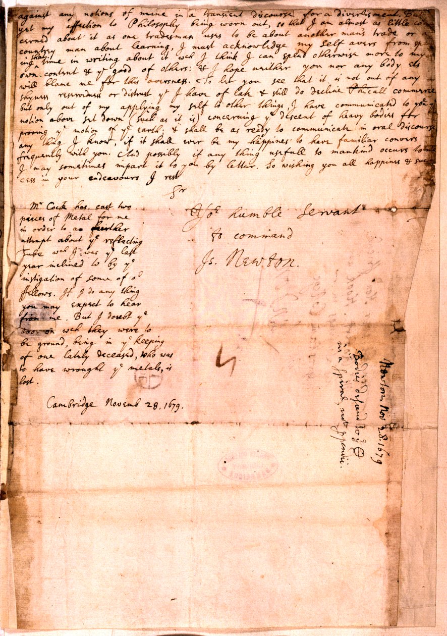Lettera scritta da Isaac Newton, 28 novembre 1679 da Isaac Newton