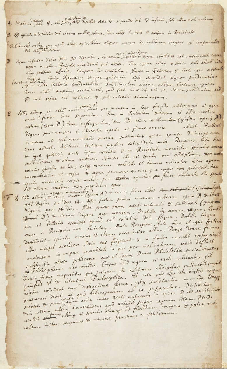Registrazione di un esperimento in sei fasi a partire dalla distillazione seguita da combustione, ulteriore distillazione, decozione, calcinazione e sublimazione, c.1700 da Isaac Newton