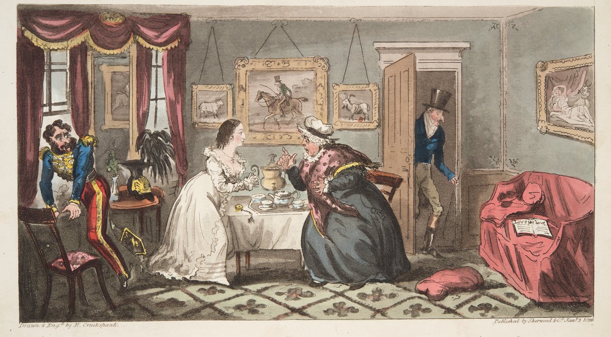 Un dandy del bagno e una fragile bellezza o il signor B. e la signorina L., da The English Spy, pub. 1824 da Isaac Robert Cruikshank