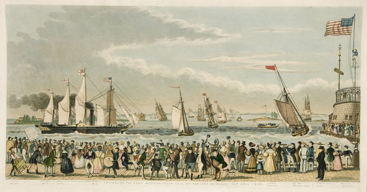 Arrivo della Grande Nave a Vapore Western, al largo di New York lunedì 23 aprile 1838, pub. 1842 da Isaac Robert Cruikshank