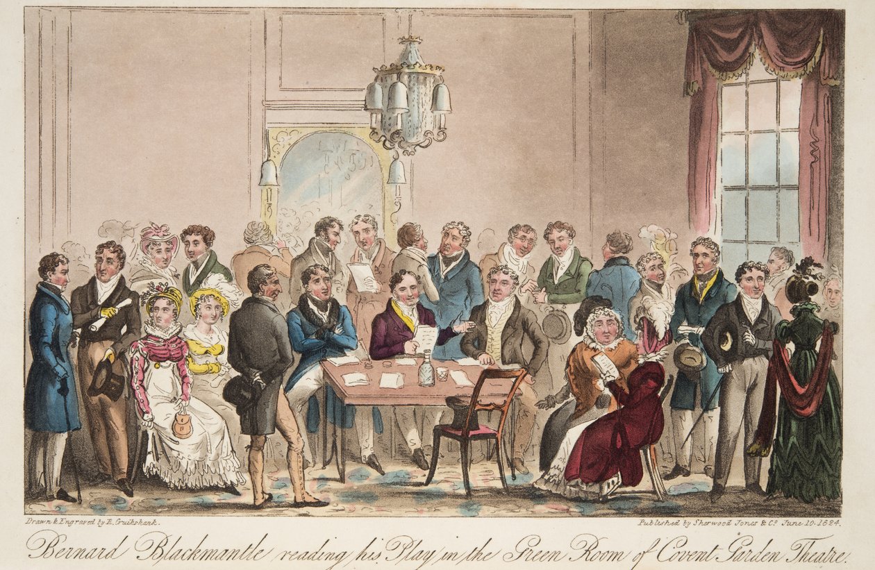 Bernard Blackmantle che legge il suo spettacolo nella Green Room del Covent Garden Theatre, da The English Spy, pub. 1824 da Isaac Robert Cruikshank