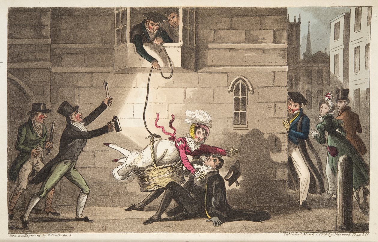 Catturare un prorettore, o i cani da caccia di Oxford che rilevano contrabbandieri di bronzo, da The English Spy, pub. Londra, 1824 da Isaac Robert Cruikshank