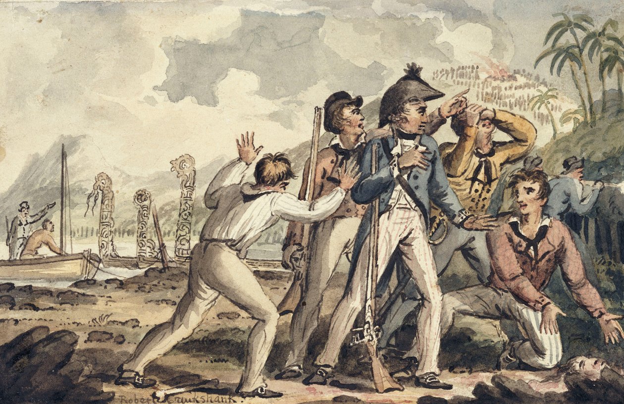 Il capitano Burney scopre i suoi compagni di nave assassinati, dai viaggi del capitano Cook da Isaac Robert Cruikshank