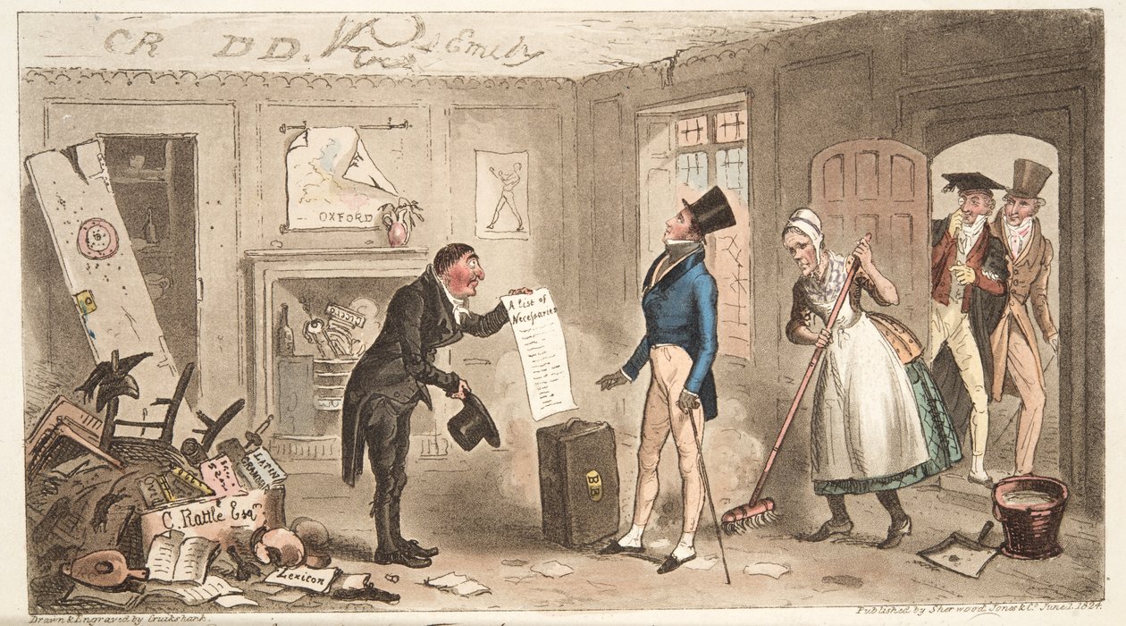 Comfort del college, una matricola che prende possesso delle sue stanze, da The English Spy, pub. 1824 da Isaac Robert Cruikshank