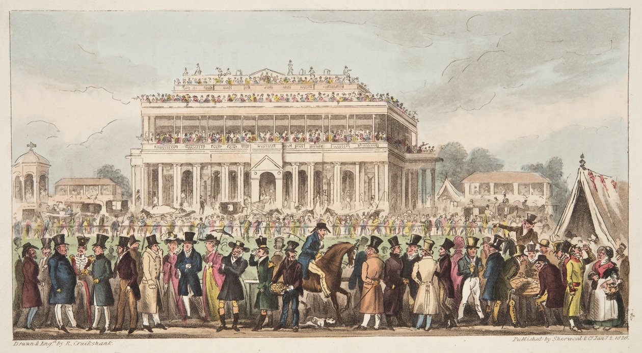 Il corso di corse di Doncaster durante il Great St. Leger Race, 1824, da The English Spy, pub. 1824 da Isaac Robert Cruikshank