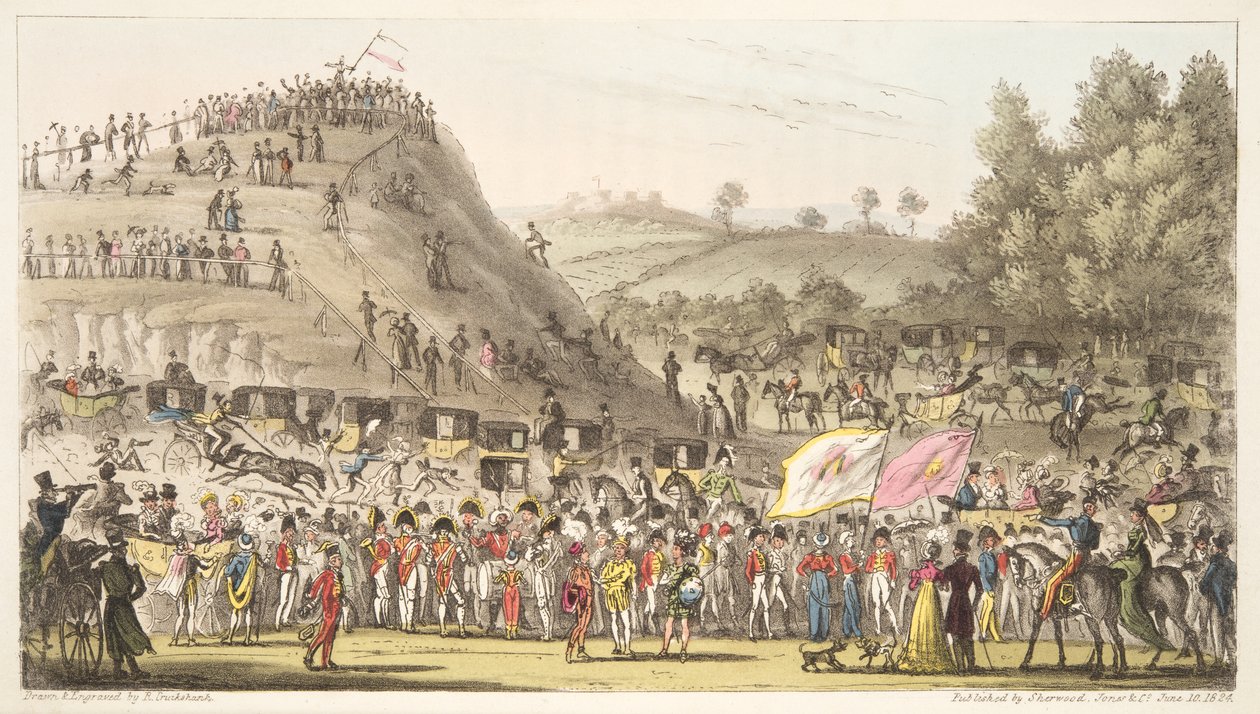 Eton Montem, e il monte, Salt Hill, da The English Spy, pub. 1824 da Isaac Robert Cruikshank