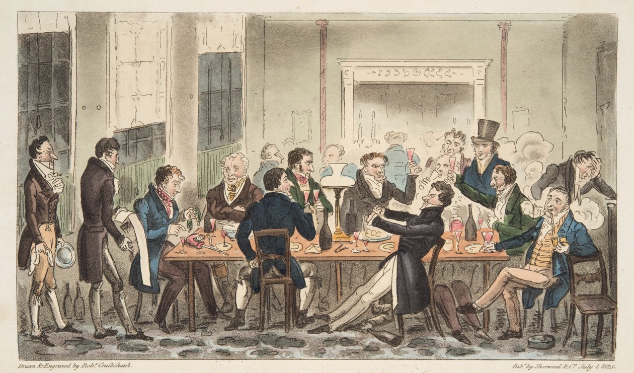 Sera e di buon umore, una scena al Longs Hotel, Bond Street, da The English Spy, pub. 1824 da Isaac Robert Cruikshank
