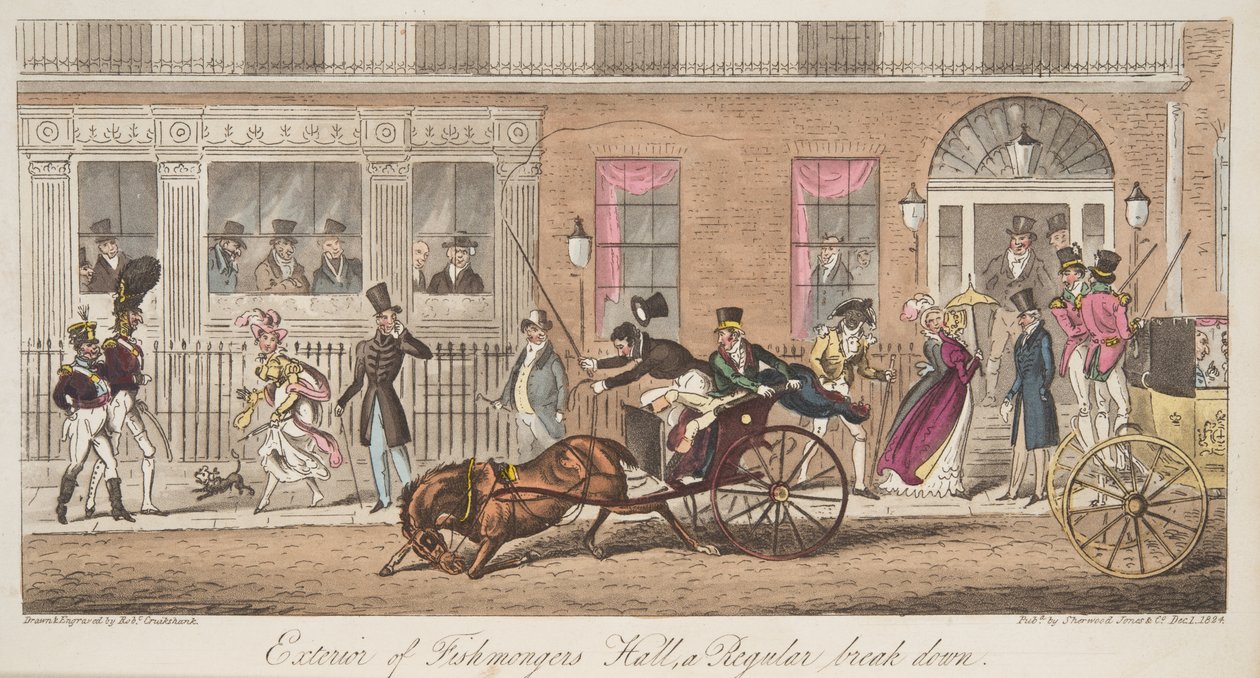 Esterno della Fishmongers Hall, St James Street, con vista di un crollo regolare, da The English Spy, pub. 1824 da Isaac Robert Cruikshank