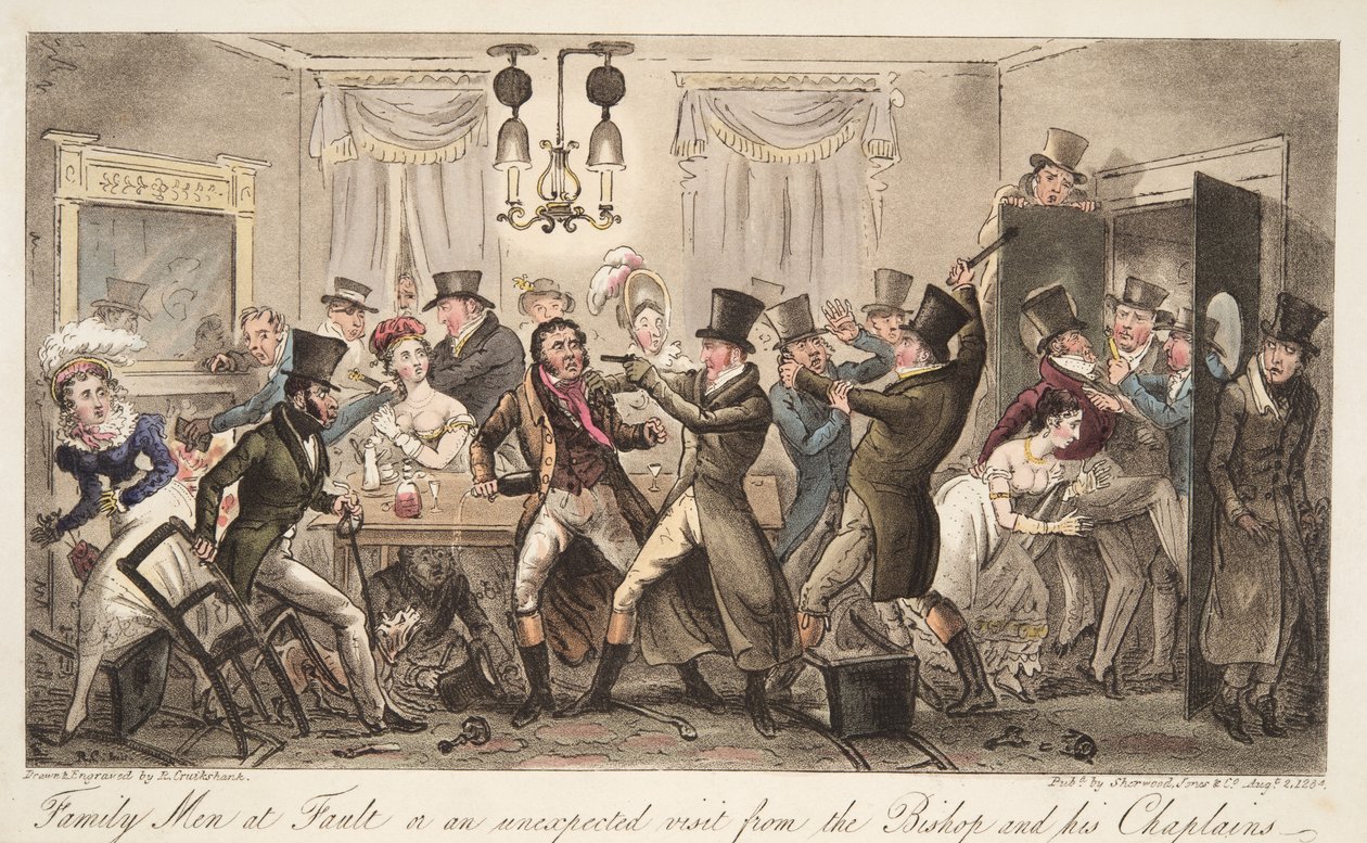 Uomini di famiglia in errore, o una visita inaspettata del vescovo e dei suoi cappellani, da The English Spy, pub. 1824 da Isaac Robert Cruikshank