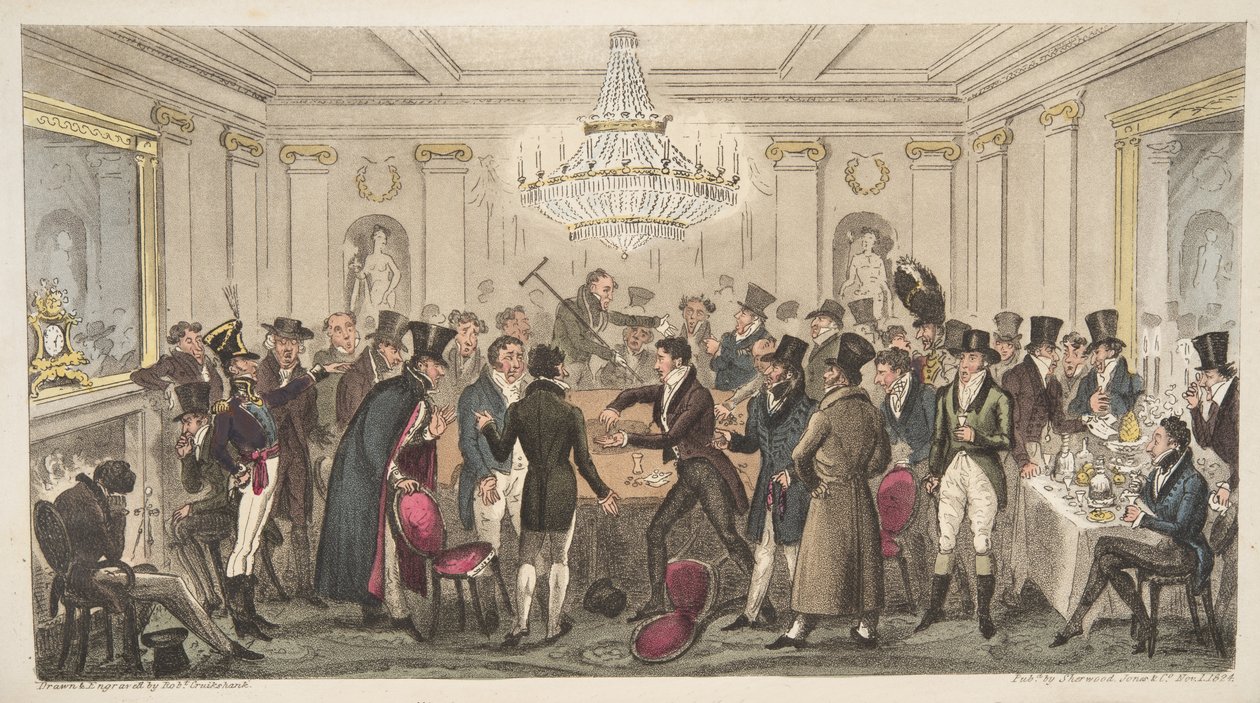 Interno di un inferno moderno - vide. The Cogged Dice, da The English Spy, pub. 1824 da Isaac Robert Cruikshank