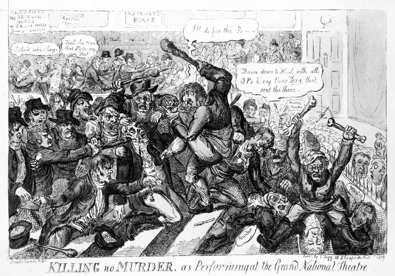 Killing no Murder, rappresentato al Grand National Theatre, 1809 da Isaac Robert Cruikshank