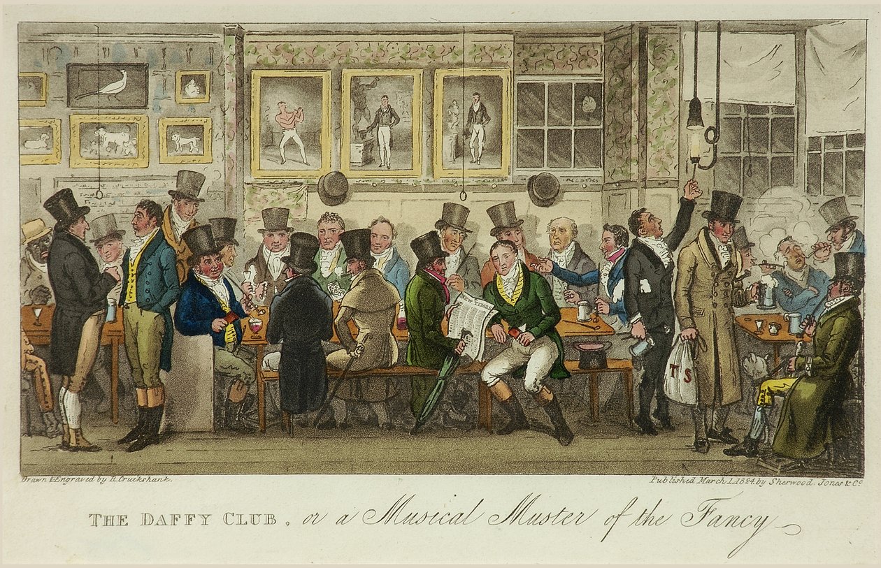 Il club Daffy, o una riunione musicale della fantasia, pubblicato nel 1824 da Isaac Robert Cruikshank