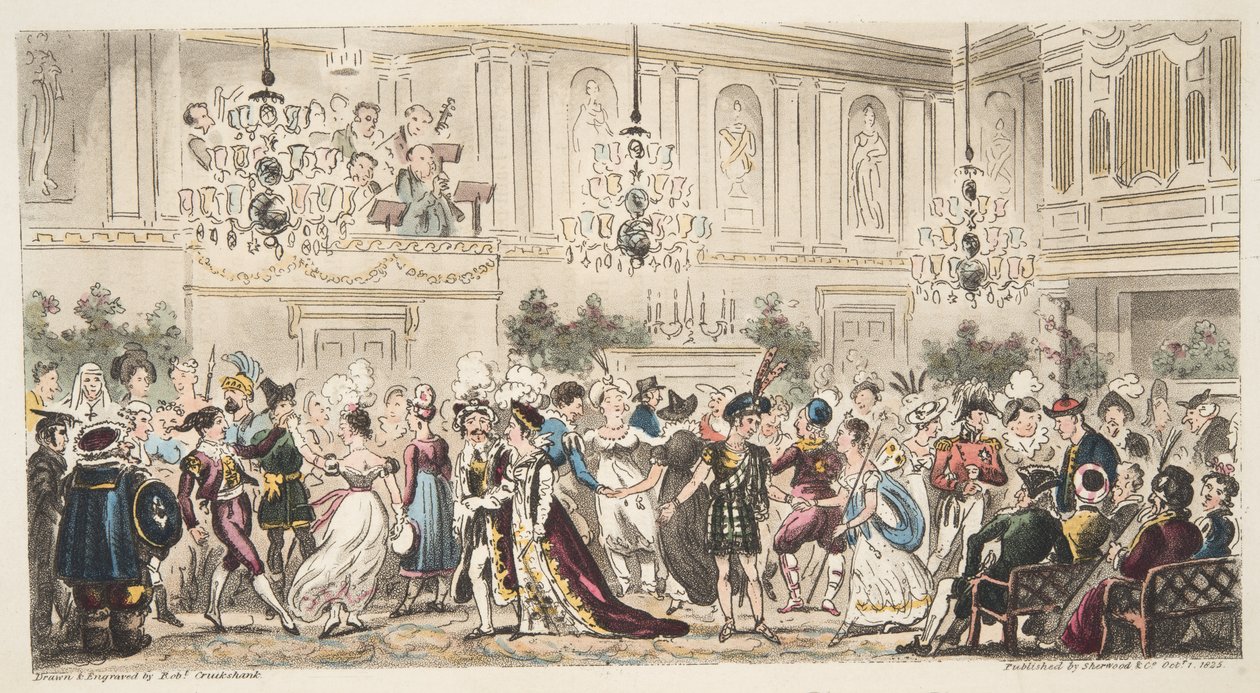 Il ballo in maschera alle Upper Rooms, Bath, da The English Spy, pubblicato a Londra, 1824 da Isaac Robert Cruikshank