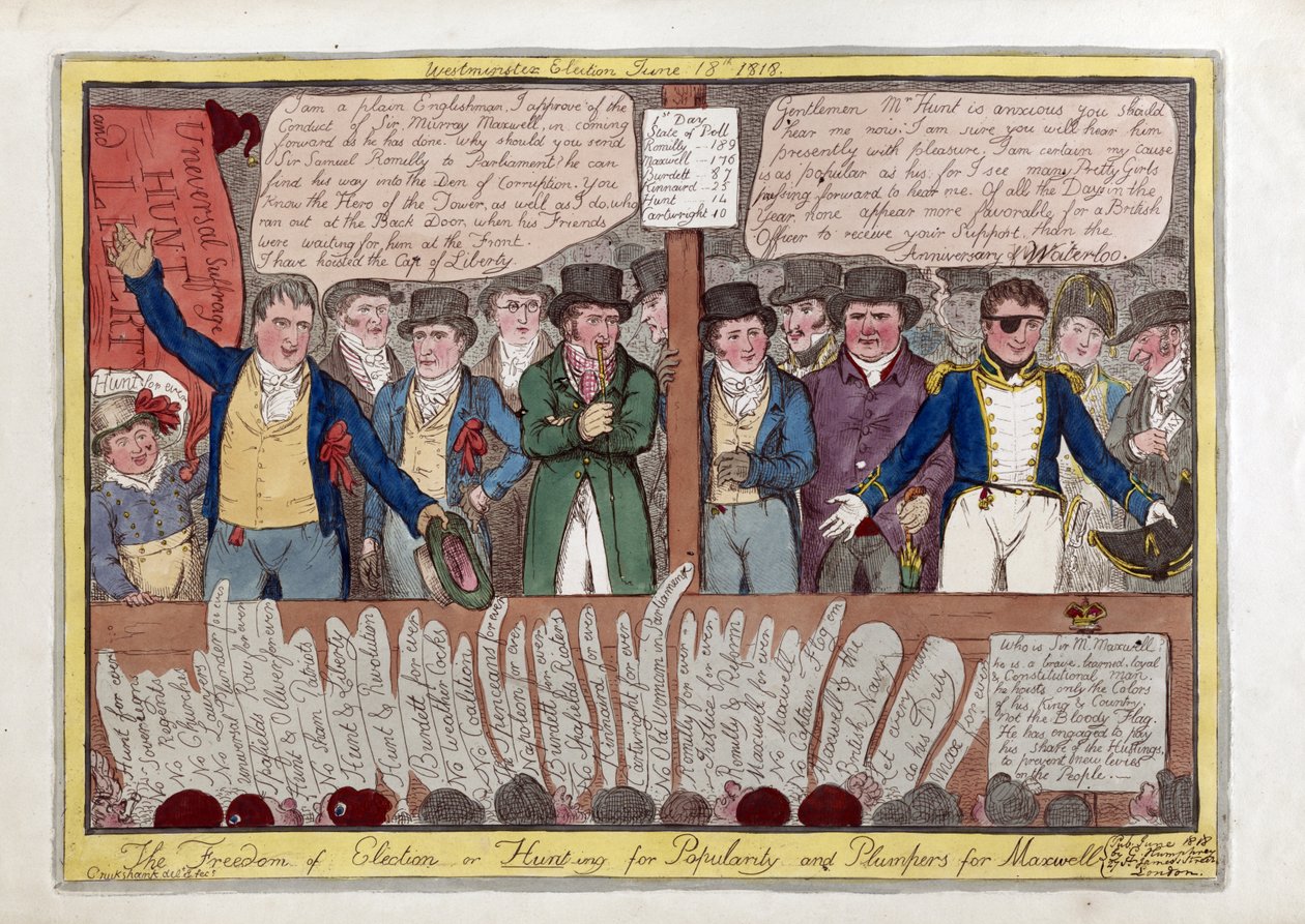 La libertà nelle elezioni o la caccia alla popolarità e ai sostenitori per Maxwell, pub. G. Humphrey, 1818 (incisione colorata a mano) da Isaac Robert Cruikshank
