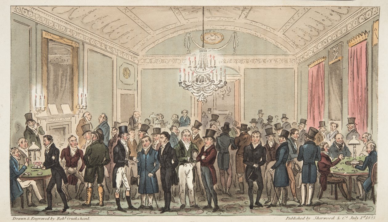 La grande sala delle sottoscrizioni a Brookes, da The English Spy, pub. 1824 da Isaac Robert Cruikshank