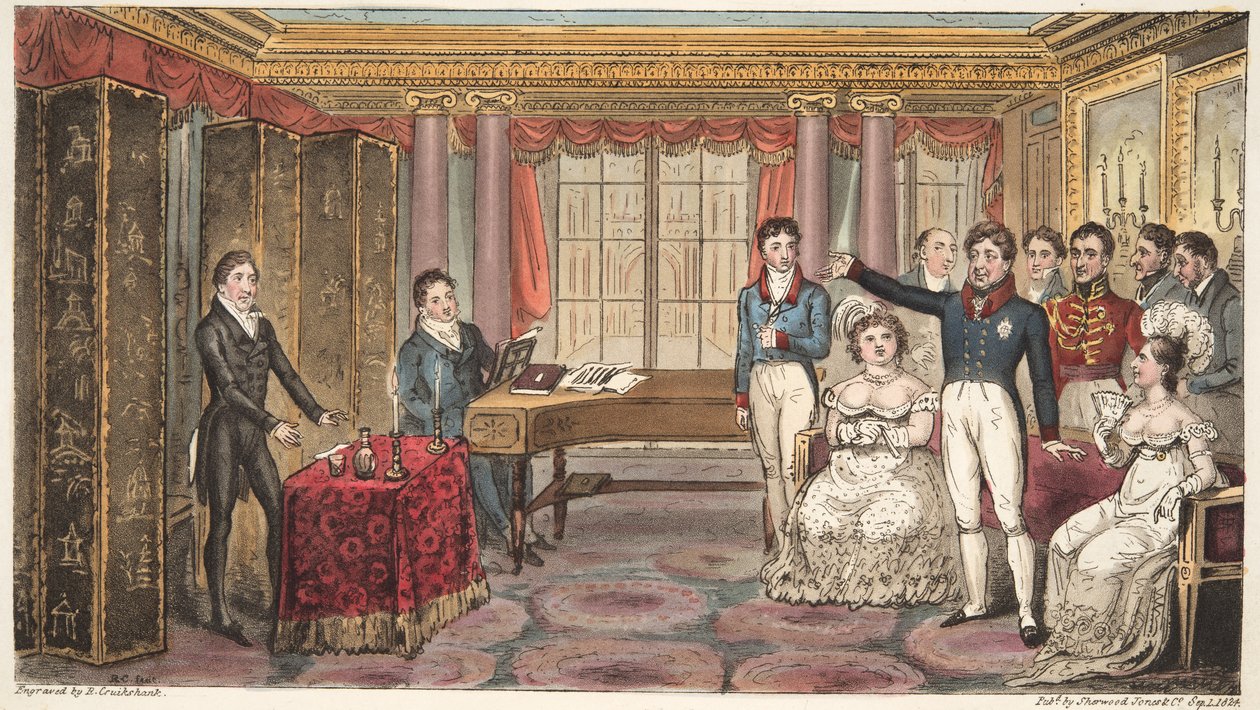 Il re a casa, o Mathews a Carlton House, da The English Spy, di Charles Westmacott, pub. 1824 da Isaac Robert Cruikshank