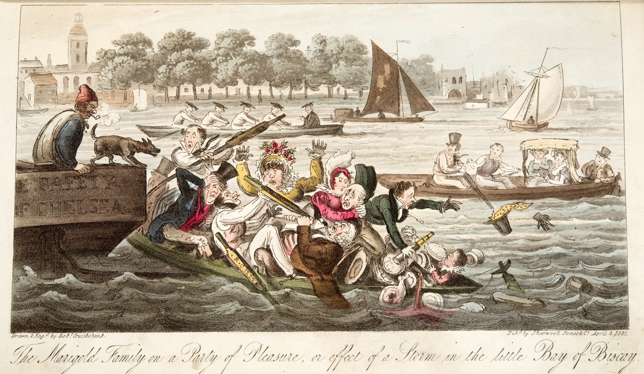 La famiglia Marigold in una festa di piacere, o effetto di una tempesta nella piccola baia di Biscay, da The English Spy, pub. 1824 da Isaac Robert Cruikshank