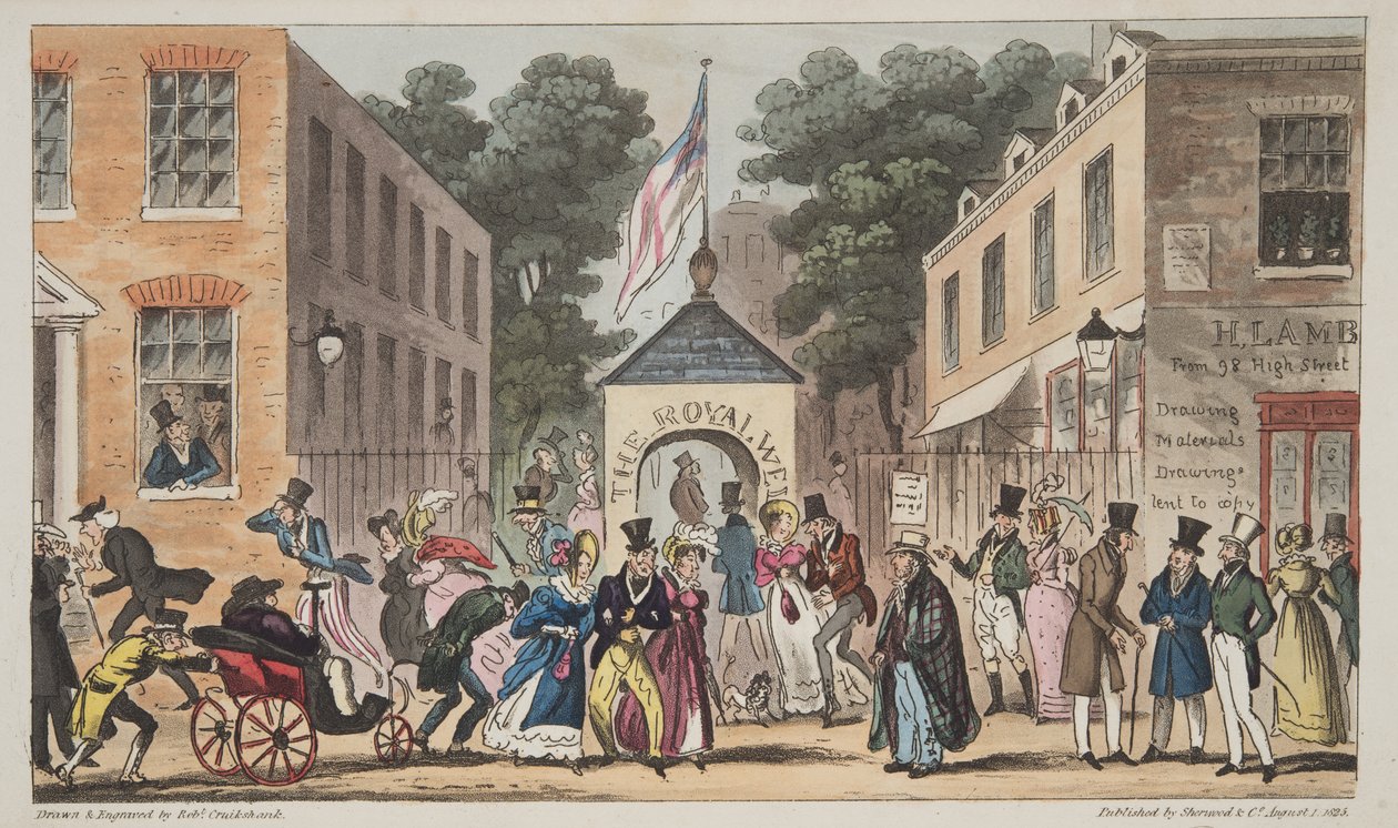 Le Royal Wells, Cheltenham o affezioni spasmodiche dalle acque termali, da The English Spy, pub. 1824 da Isaac Robert Cruikshank