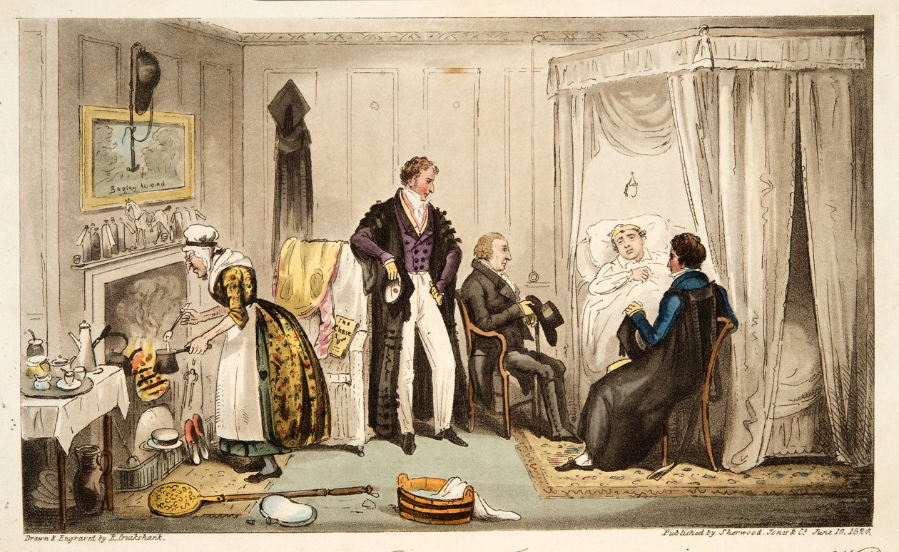 Tom Echo colpito dalla febbre di Headington o un Oxoniano molto vicino al muro, da The English Spy, pub. Londra, 1824 da Isaac Robert Cruikshank