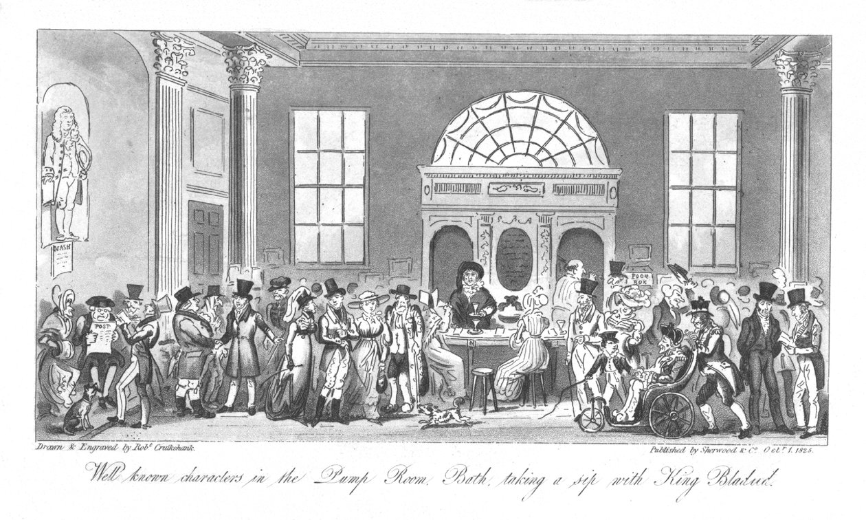 Personaggi noti nella Pump Room, Bath, che sorseggiano con il re Bladud, 1825 da Isaac Robert Cruikshank