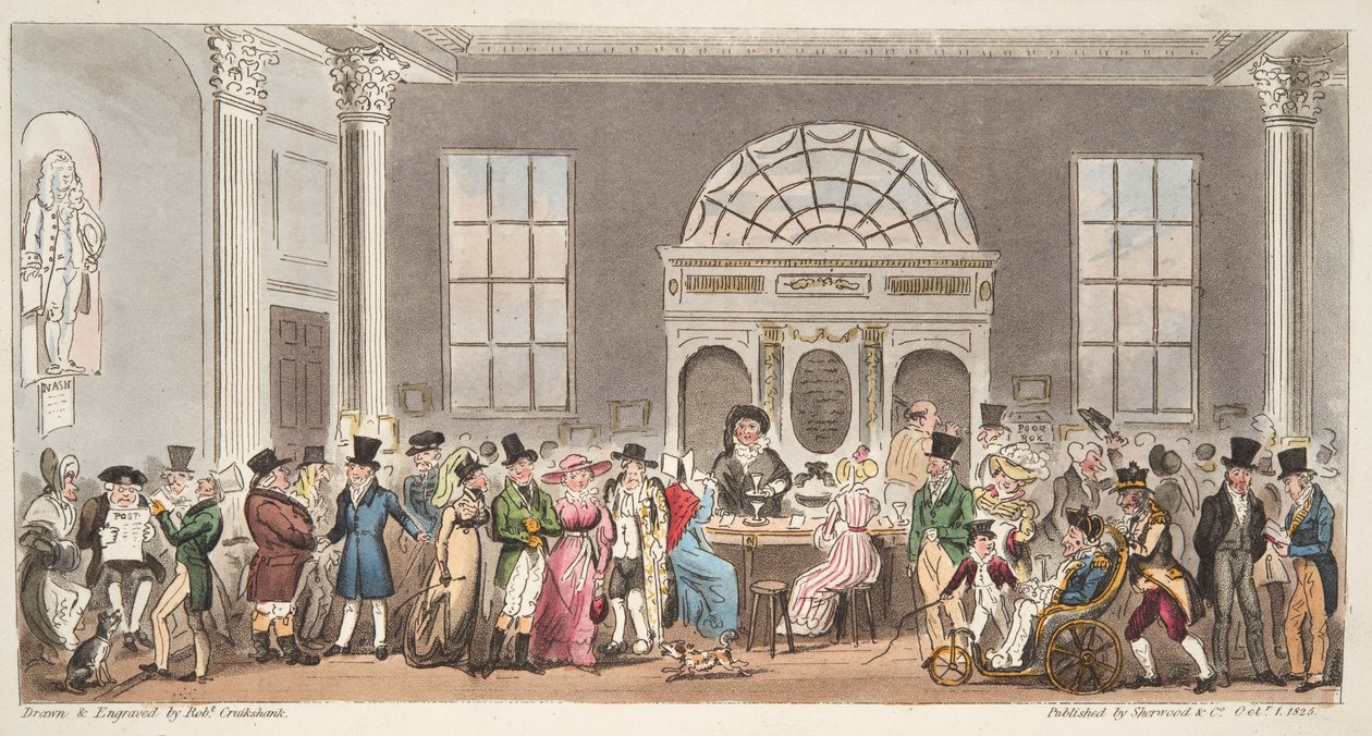 Visitatori noti alla Pump Room, Bath, che bevono con il re Bladud, da The English Spy, pub. 1824 da Isaac Robert Cruikshank