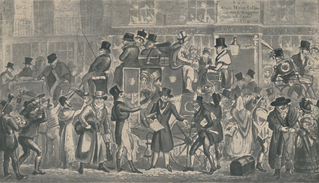 Fuori dalla White Horse Cellar, Piccadilly, 1821, 1920 da Isaac, Robert and George Cruikshank