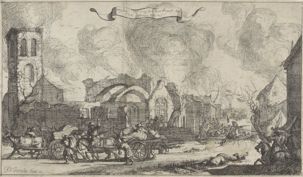 Truppe francesi saccheggiano e sparano tra le rovine del villaggio di Nigtevecht, 1672 da Isaac Sorious