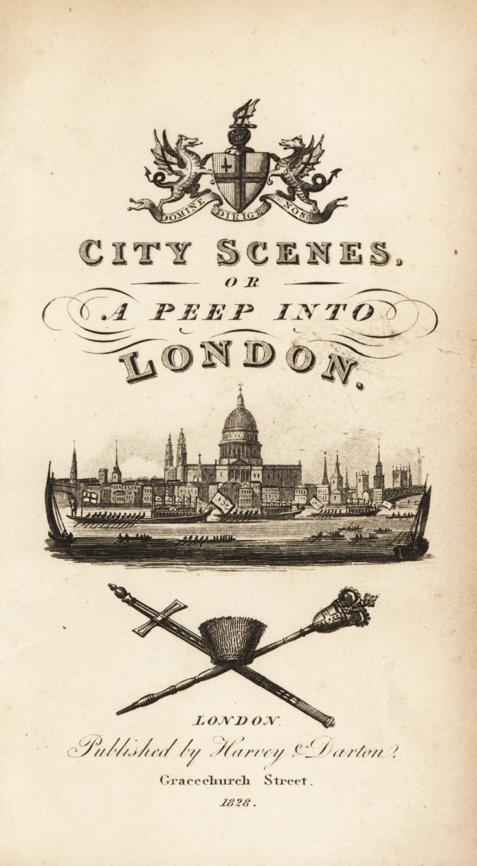 Pagina del titolo calligrafica con vignetta della città di Londra con la Cattedrale di San Paolo da Isaac Taylor