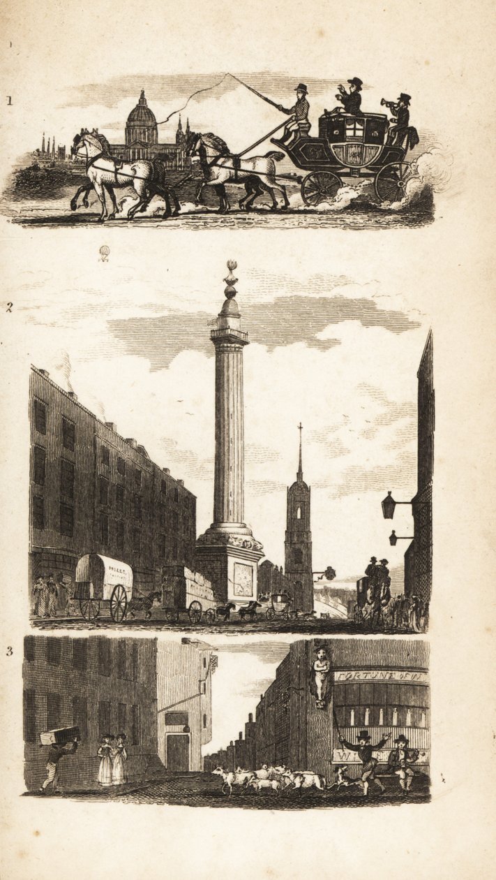 Contadini su una diligenza, il Monumento e Pie Corner da Isaac Taylor