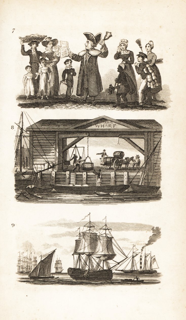 Il campanaro, un molo di Londra e una nave da carbone e chiatta da carbone da Isaac Taylor