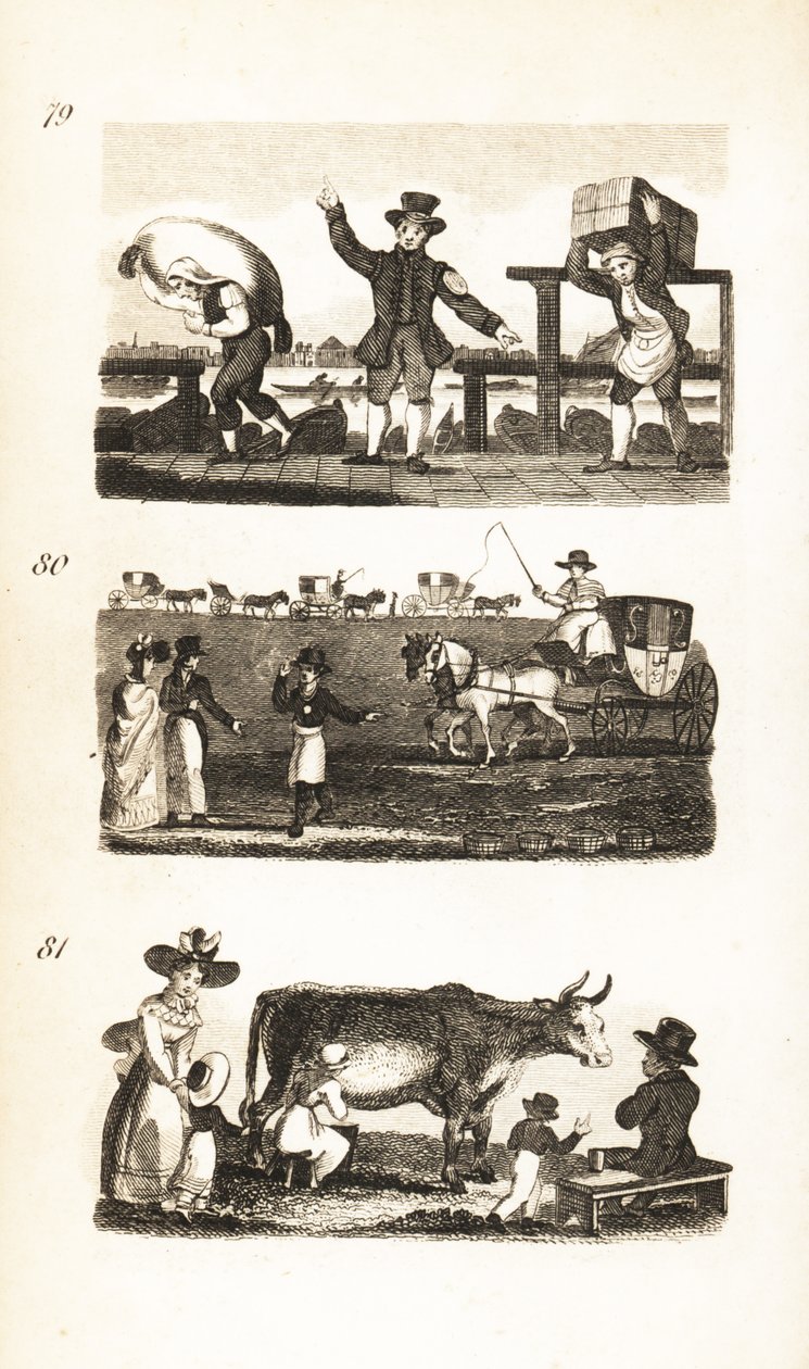 Acquaiolo, facchino con biglietto, facchino della confraternita, stazione delle carrozze e latte fresco dalla mucca da Isaac Taylor