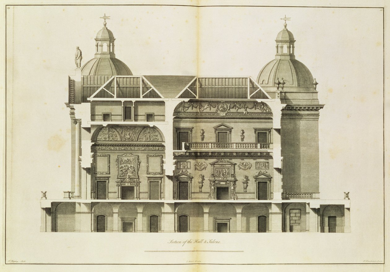 Houghton Hall: sezione trasversale della Sala e del Salone, inciso da Pierre Fourdrinier, 1735 da Isaac Ware
