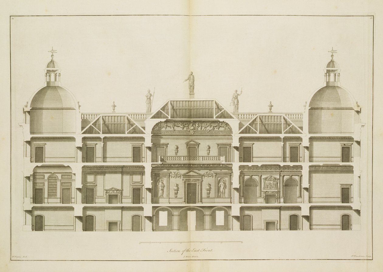 Houghton Hall: sezione del Fronte Est, inciso da Pierre Fourdrinier, 1735 da Isaac Ware