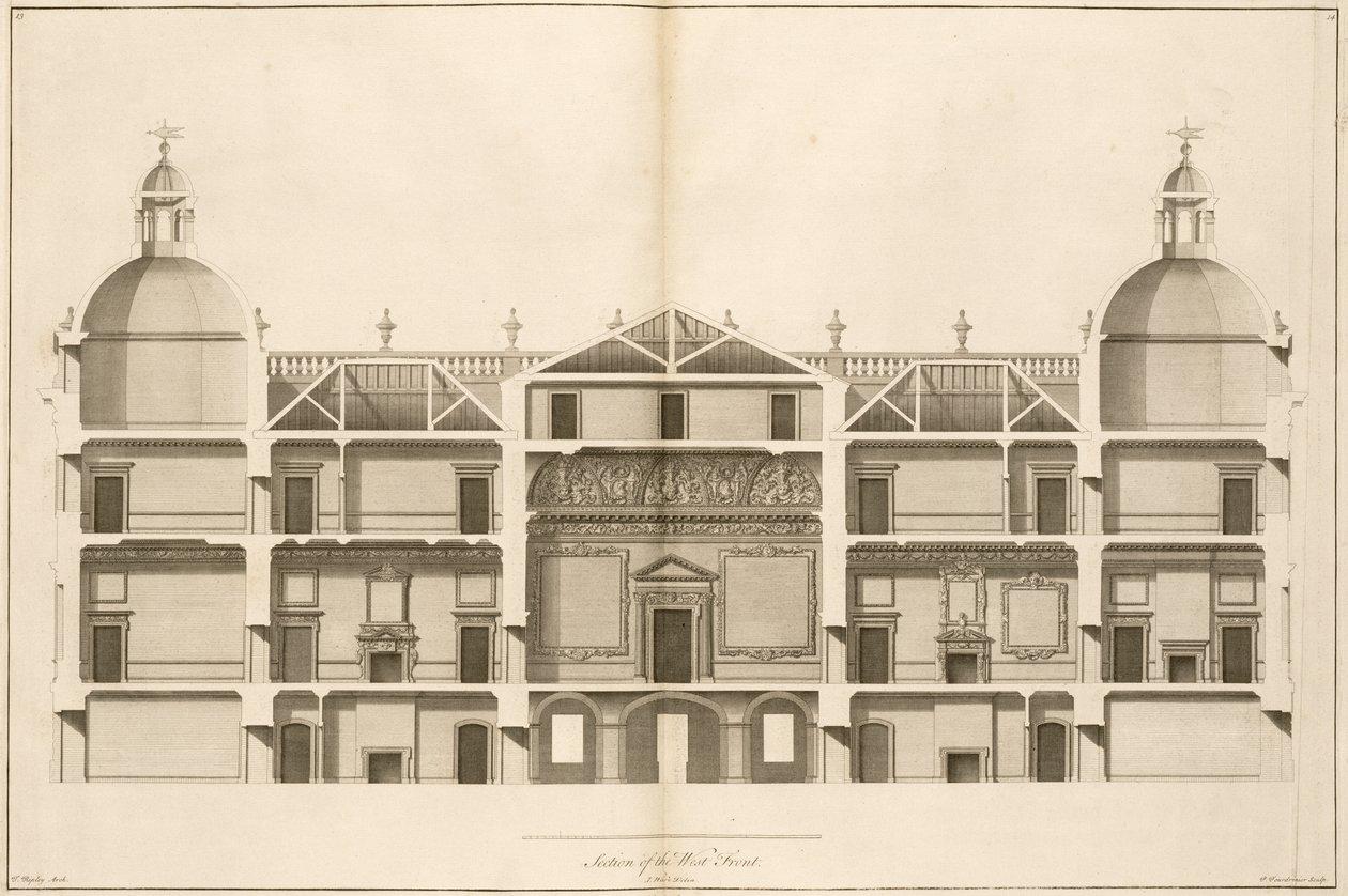 Houghton Hall: sezione del fronte ovest, inciso da Pierre Fourdrinier, 1735 da Isaac Ware
