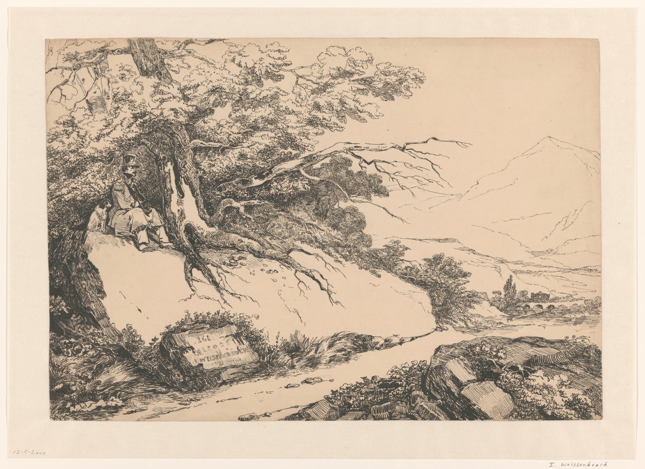 Paesaggio, con un uomo che riposa sotto un albero con un cane da Isaac Weissenbruch