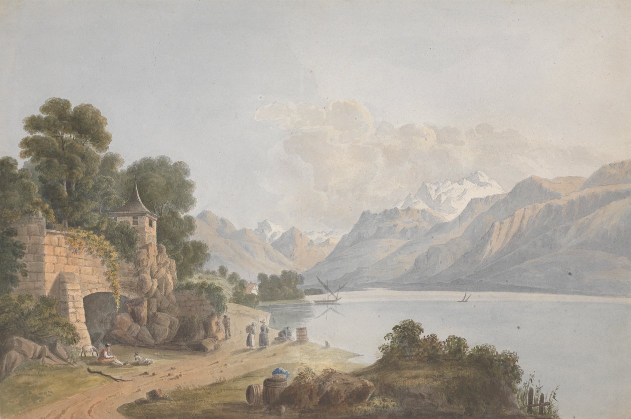 Paesaggio montuoso con lago, cancello e figure da Isaac Weld
