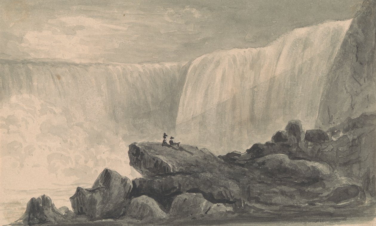 Veduta delle cascate del Niagara con due figure sedute su una roccia in primo piano da Isaac Weld