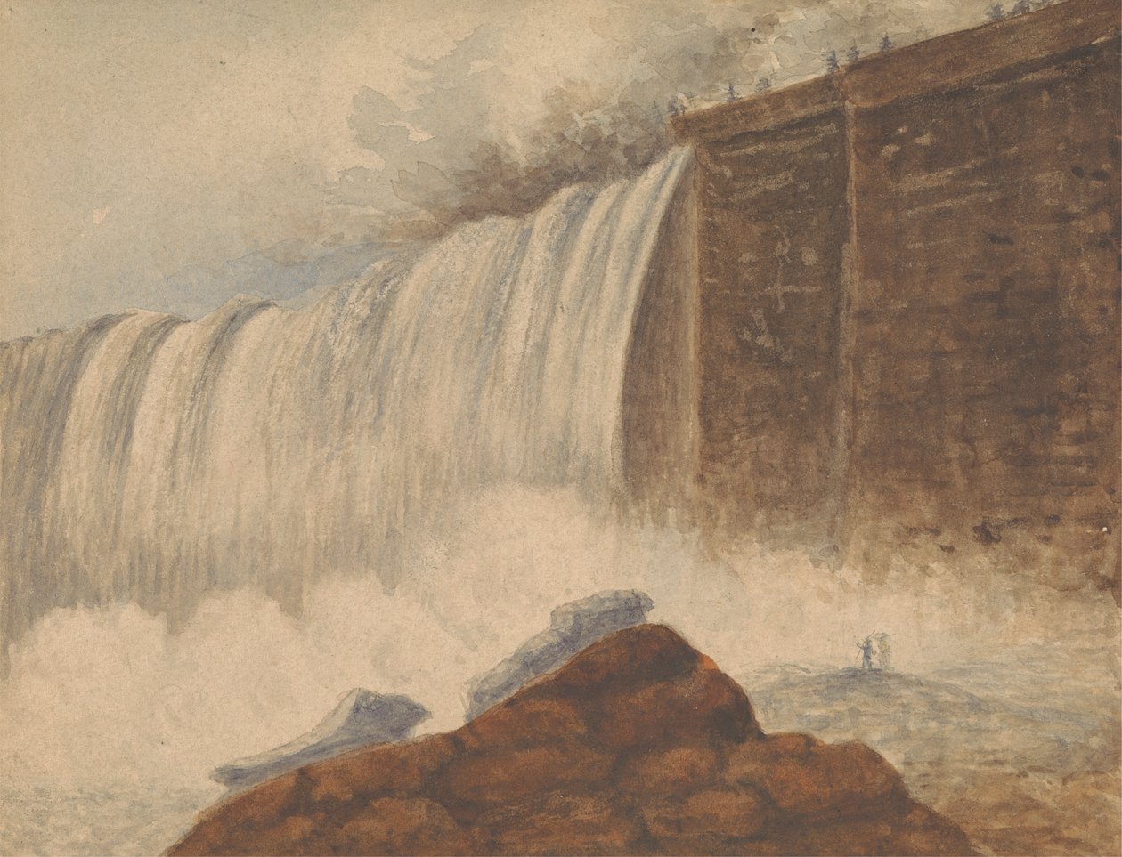 Veduta delle cascate del Niagara con due figure su una roccia in primo piano a destra da Isaac Weld
