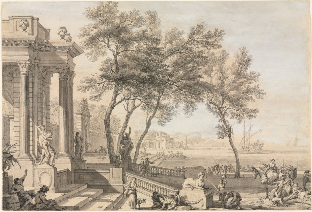 Scena fantastica di porto con architettura e figure da Isaac de Moucheron